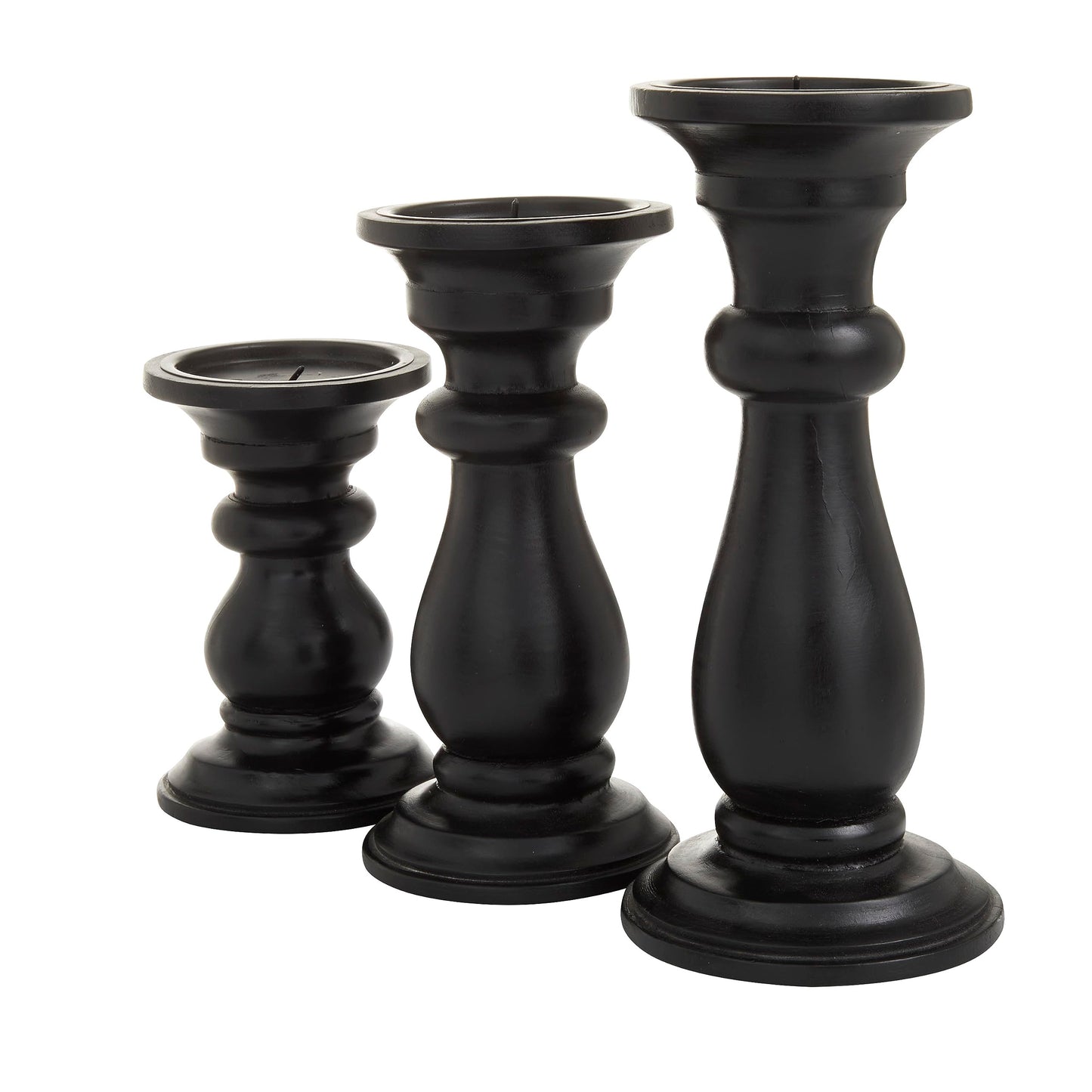 Deco 79 Mango Wood Decorative Candle Holder Turned Style Pillar Candle Stand, Set of 3 Candlestick Holder 10", 8", 6"H, Black