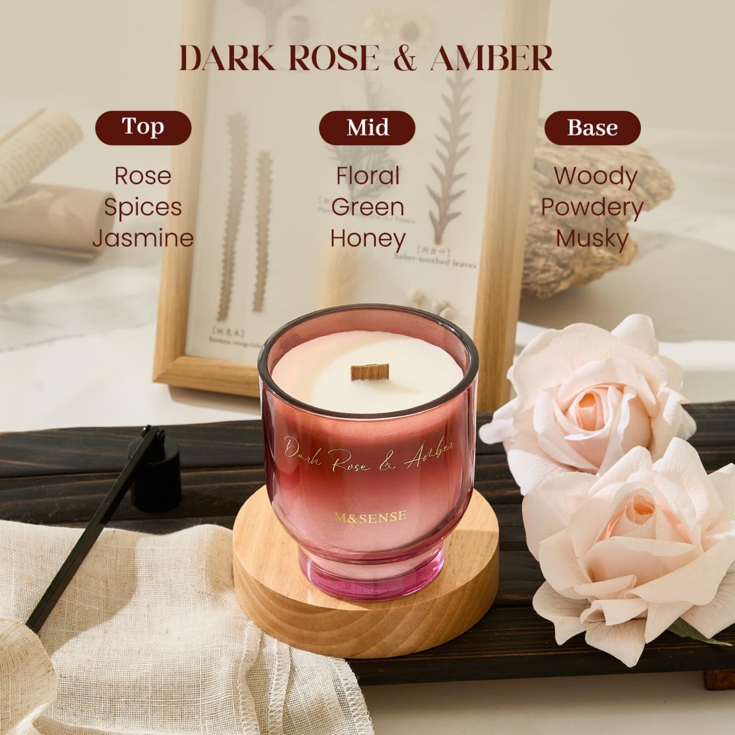 M&SENSE 9.9oz Natural Soy Wax Jar Candle with Wooden Wick | Dark Rose Amber Scent | 55-Hour Burn & Long-Lasting Burn | Housewarming Gift for Men and Women
