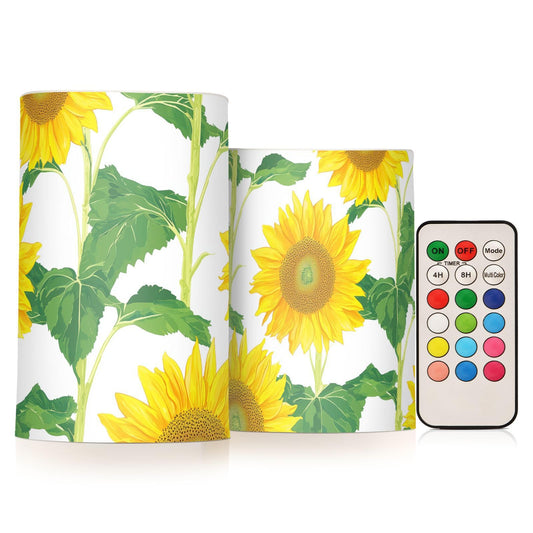 WEVIBOFU Painting Yellow Sunflowers Flickering Flameless Candles LED Battery Operated with Remote Timer Pillar Candles for Home Birthday Wedding Christmas Decor, Set of 2