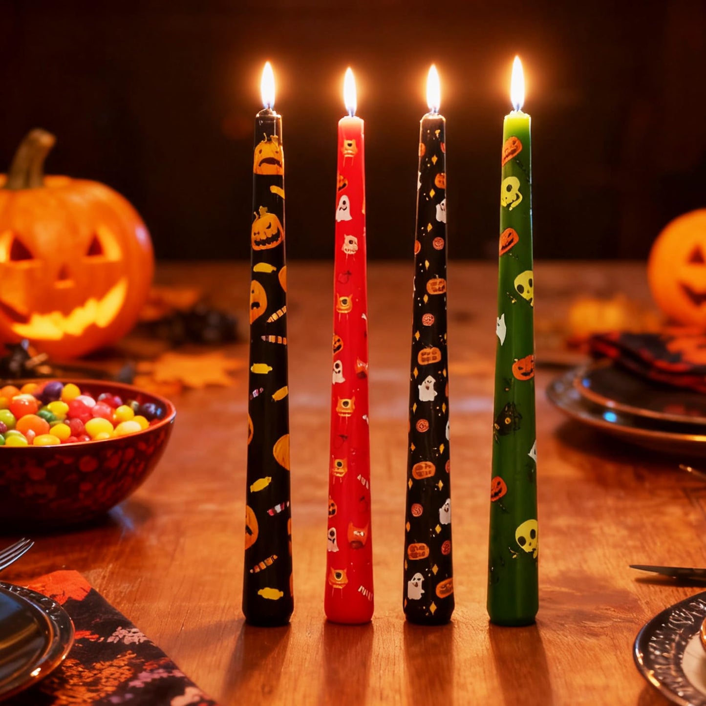 FYBW 10-Inch Halloween Taper Candle Set of 4,Pumpkin Skeleton & Bat Prints, Spider Web Spooky Dinner Candles, Gift for Festive Halloween Day Decoration