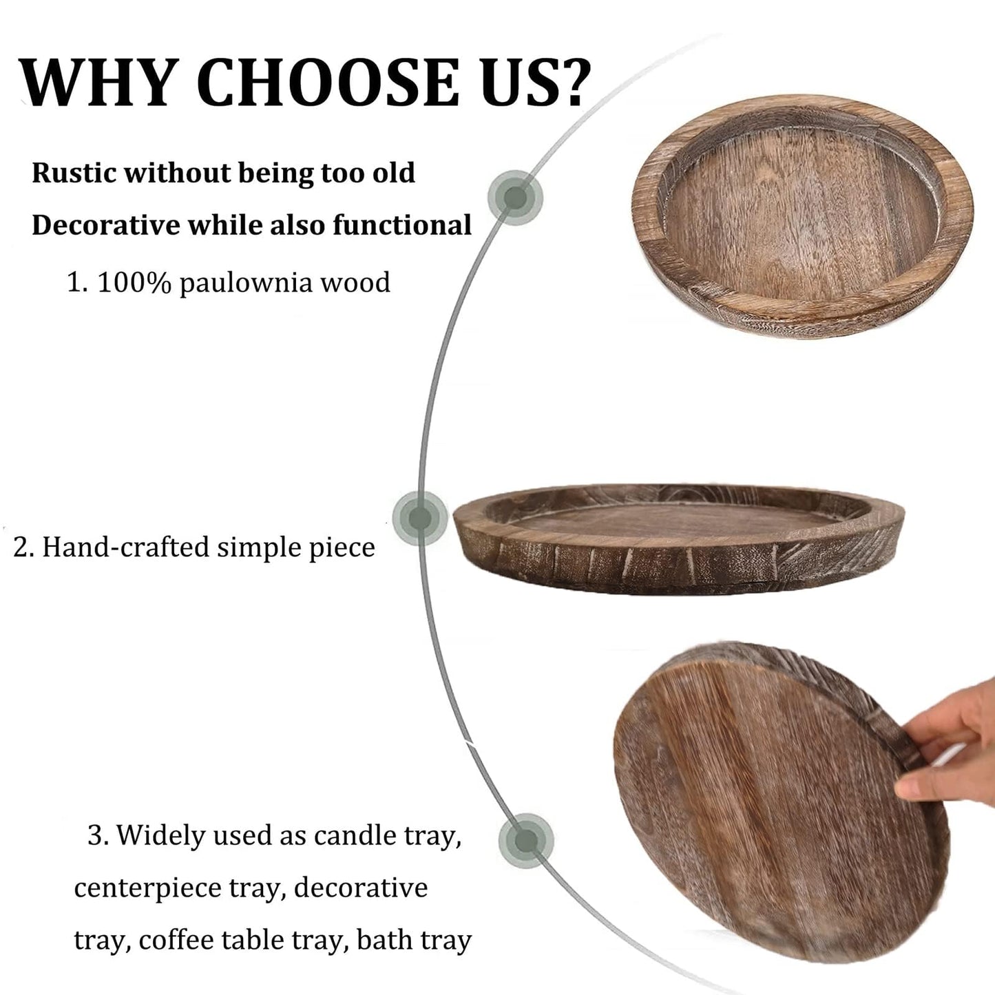 Rustic Wooden Serving Tray - Candle Holder, Round Coffee Table Decor, Home Centerpiece (11.14 in)