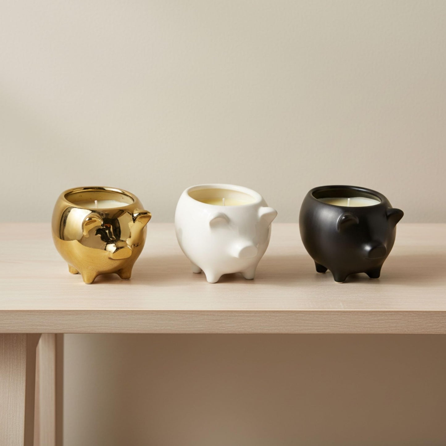 Ceramic Candle Set – Scented Candle for Relaxation and Soft Ambience, Living Room or Bedroom Decor Placement, Pig Animal Shaped Home Decor Design Accent – 4x6, Black, Gold & White Trio