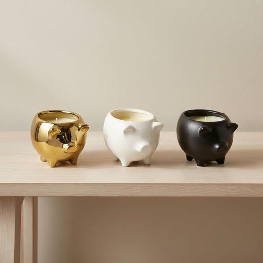 Ceramic Candle Set – Scented Candle for Relaxation and Soft Ambience, Living Room or Bedroom Decor Placement, Pig Animal Shaped Home Decor Design Accent – 4x6, Black, Gold & White Trio