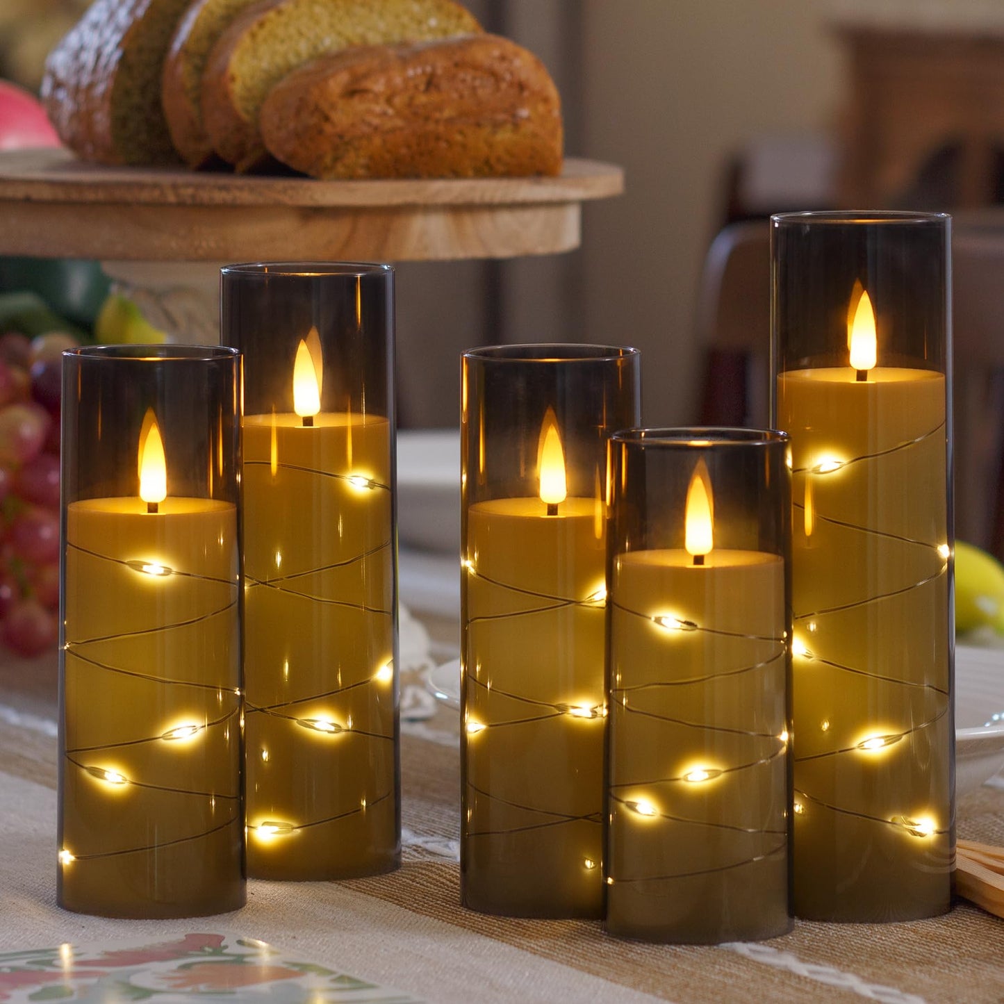 Yeelida Grey Flameless Candles with Remote and String Light, 2.2"x 5",5",6",7",7",8" LED Battery Operated Plastic Flickering Timer Pillar(Pack of 6,Turn On/Off String Light Mode)