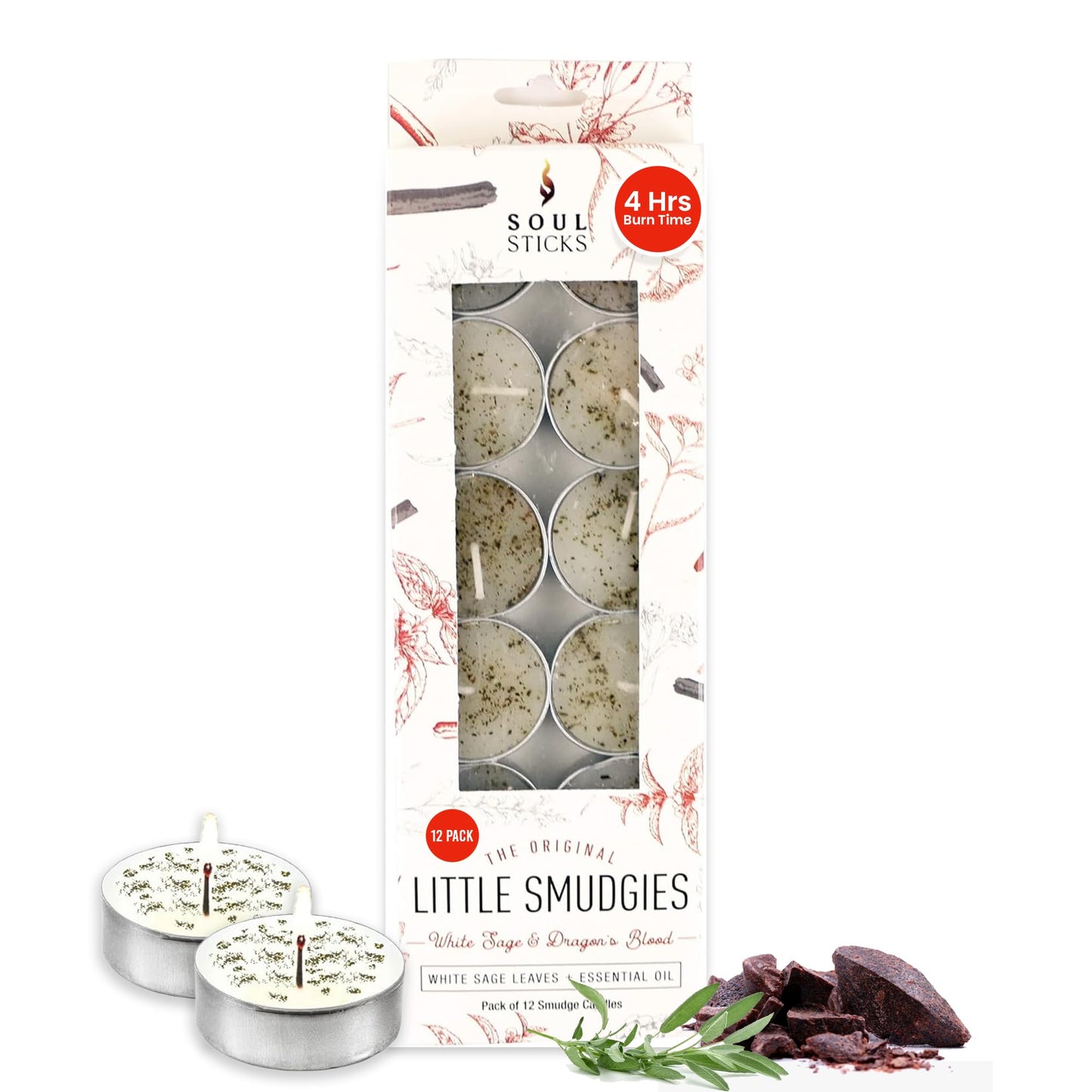 SOUL STICKS 12 Pack Little Smudgies Tealight Candles Smudge Candle for Cleansing House, Meditation, Chakra Healing | Made with Crystals and Herbs (White Sage & Dragon's Blood)