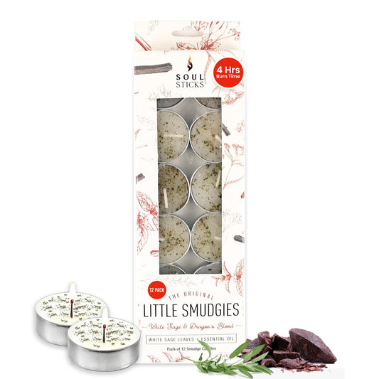 SOUL STICKS 12 Pack Little Smudgies Tealight Candles Smudge Candle for Cleansing House, Meditation, Chakra Healing | Made with Crystals and Herbs (White Sage & Dragon's Blood)