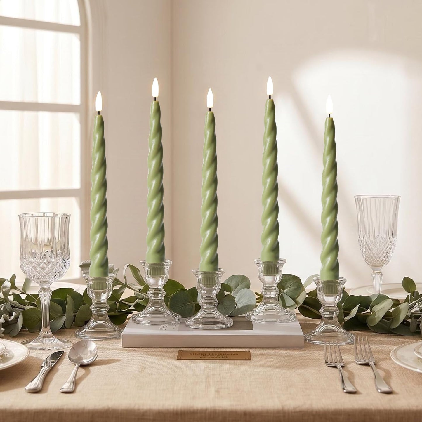 Girimax Sage Green Flameless Taper Candles with Remote, Flickering Spiral Battery LED Candlesticks Home Decor Set of 6