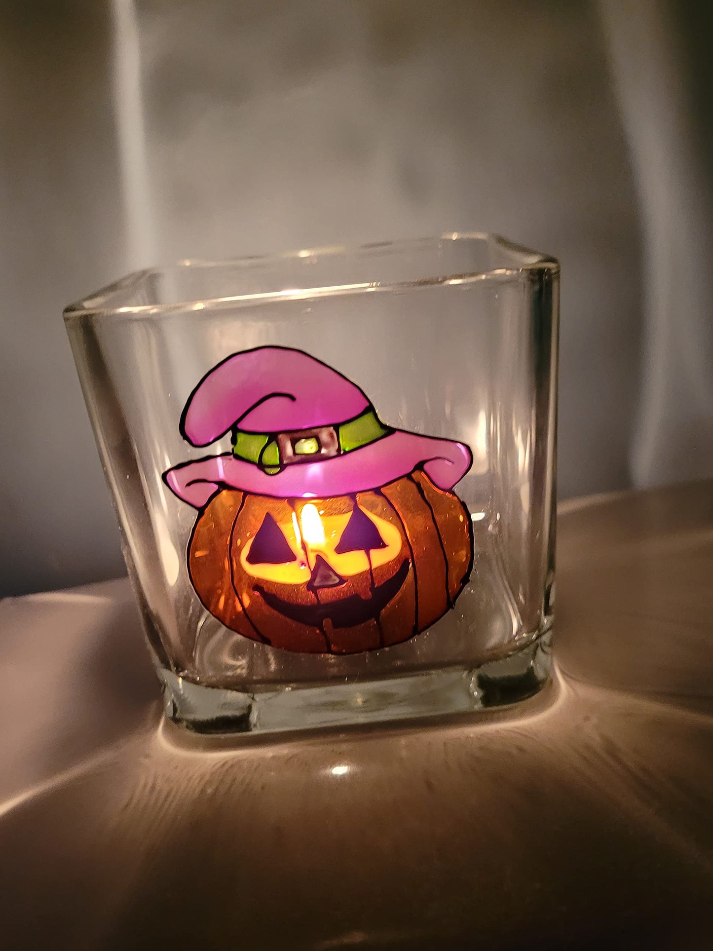 Orange Halloween Pumpkin Hand Painted Stained Glass Square Jack O Lantern Candle Holder