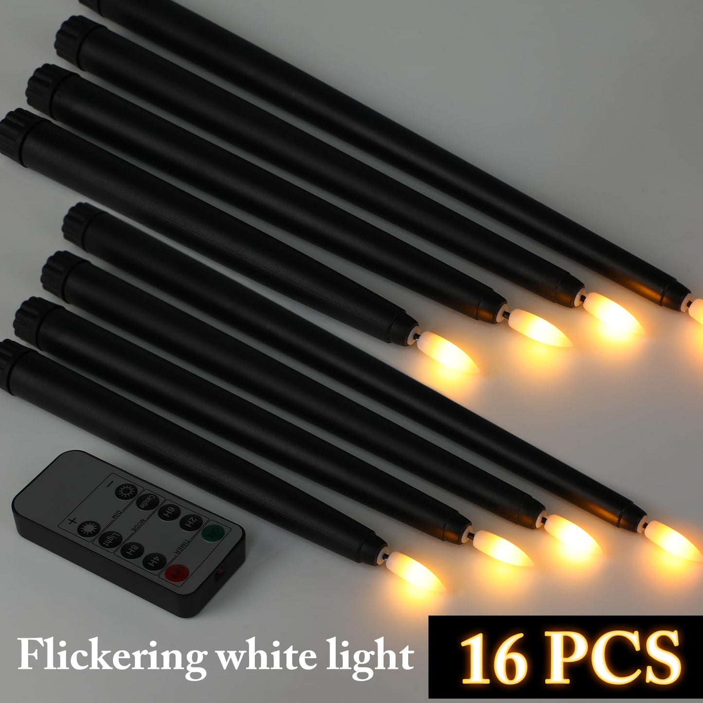 Rossesay 16 Pcs Black Flameless Taper Candles Battery Operated Candles with Remote Timer 8.5" 9.6" 10.8" 12.8" Multiple Sizes Black LED Flickering Candlestick for Wedding Centerpieces Party Decor
