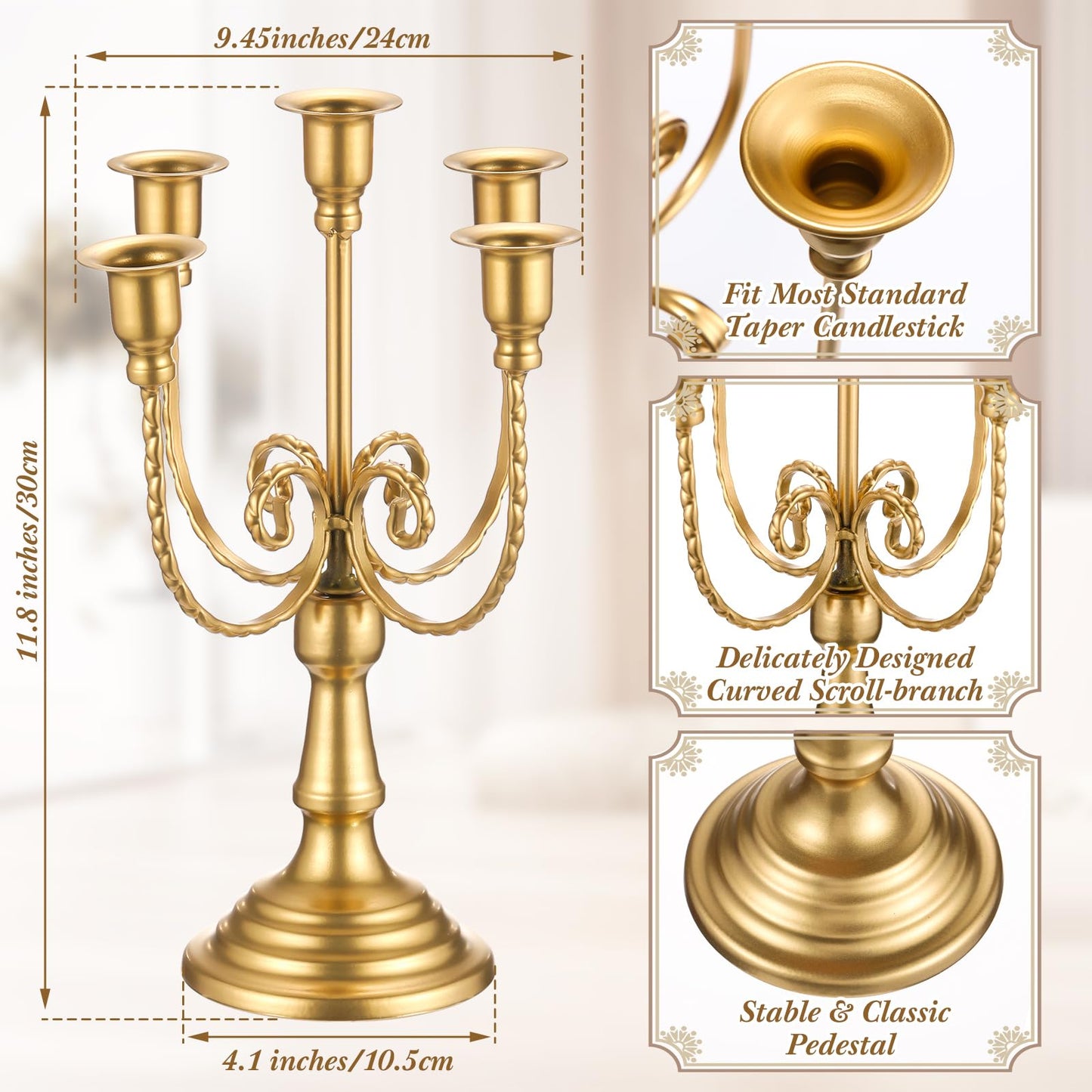 Rtteri 6 Pcs Gold Candelabra Candlestick Holder Metal Candle Stand Candelabra for Taper Candles Table Centerpieces Wedding Christmas Holiday Birthday Party (11.8 x 9.45 x 4.1 Inch,5 Arm)