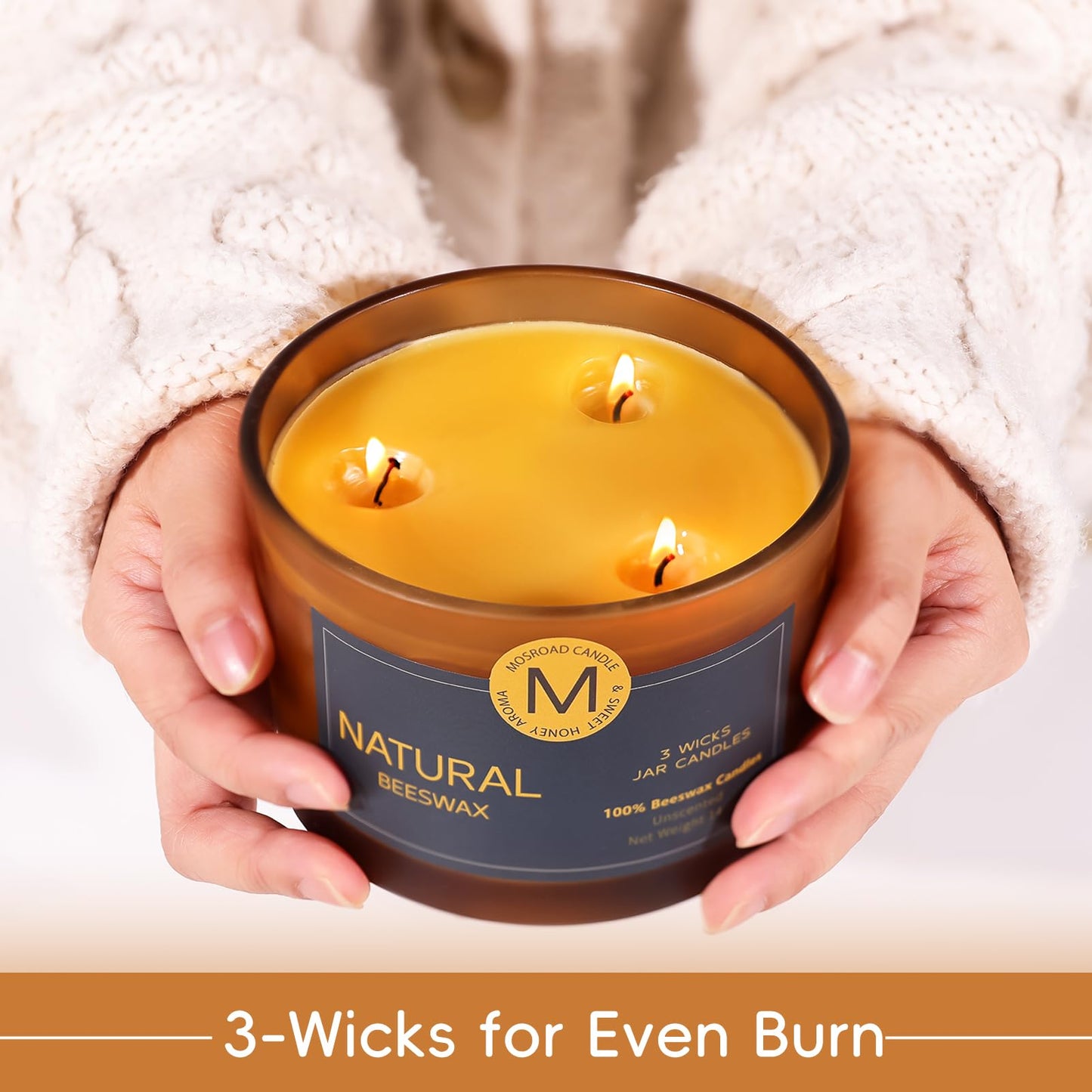 3 Wick Beeswax Candle in Jar, Natural Beeswax Candles Non Toxic for Air Purification, Honey Aroma Bees Wax Jar Candle for Home Decor, Fragrance Free, Paraffin Free