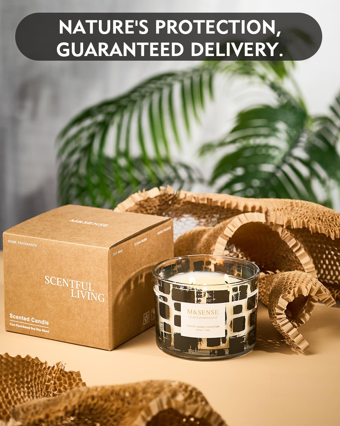 M&SENSE Oud Sandalwood Scented Candle,11.6oz Natural Soy Wax,Non Toxic for Home, 3 Wick Jar Candle, Up to 60 Hours Burn time, Home Decor,Candles for Home Scented