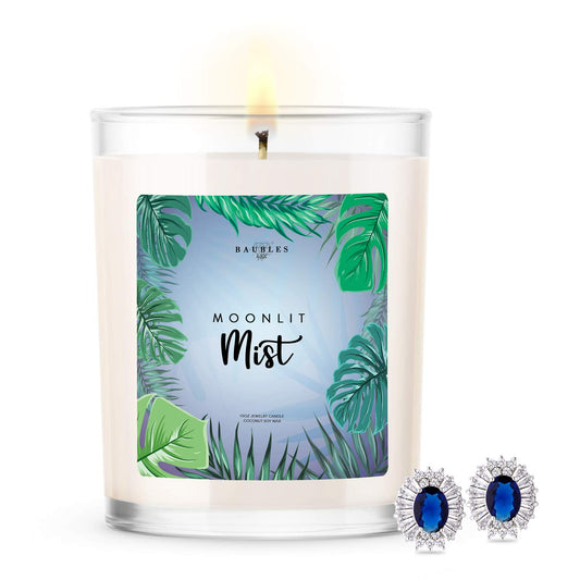 Kate Bissett Baubles Moonlit Mist Scented Premium Candle and Jewelry with Surprise Earring Inside | 10 oz Large Candle | Made in USA | Parrafin Free