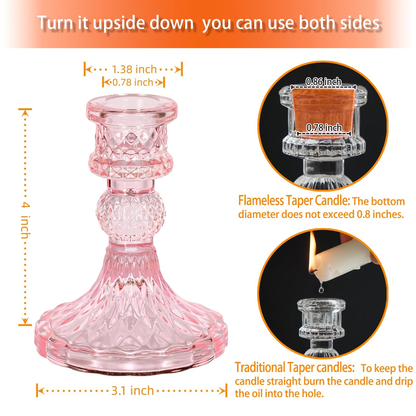 ECHFSM Glass Candlestick Holder,Striped Taper Candle Holders,Set of 6 Candle Stand for Table Centerpieces, Home Decor,Weddings,Festival and Parties (Pink Dimond)