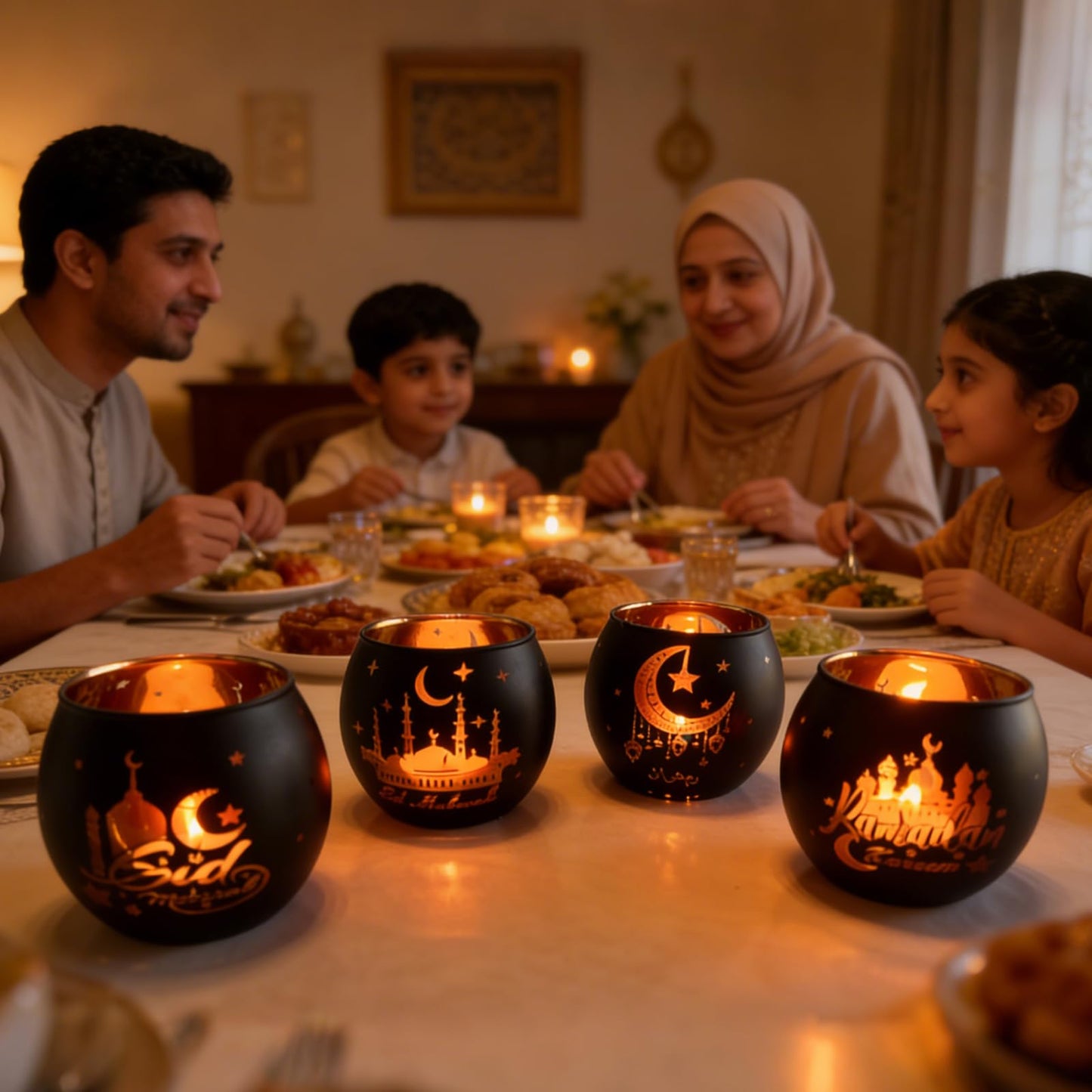 Eid Mubarak Glass Tea Light Candle Holders, Votive Tealight Holder Table, Centerpiece Decorations for Muslim Party Decor (Ramadan)