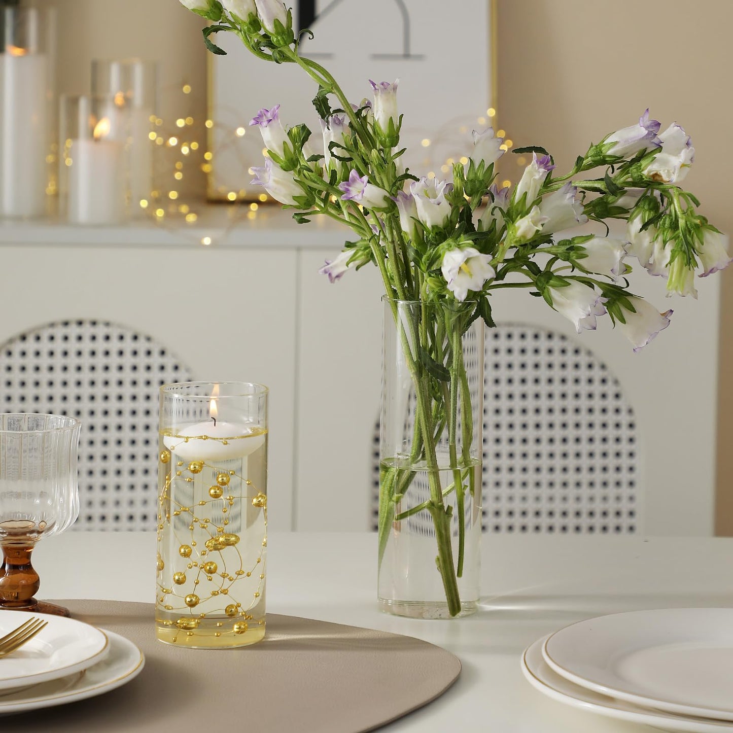 PNJHDZ Set of 3 Glass Cylinder Vases for Centerpieces with 2 Pack Vase Filler 3 Pearl String 6 White Floating Candles for Centerpieces, Table Center Pieces for Wedding Party Home Decor 5, 6, 8 Inch