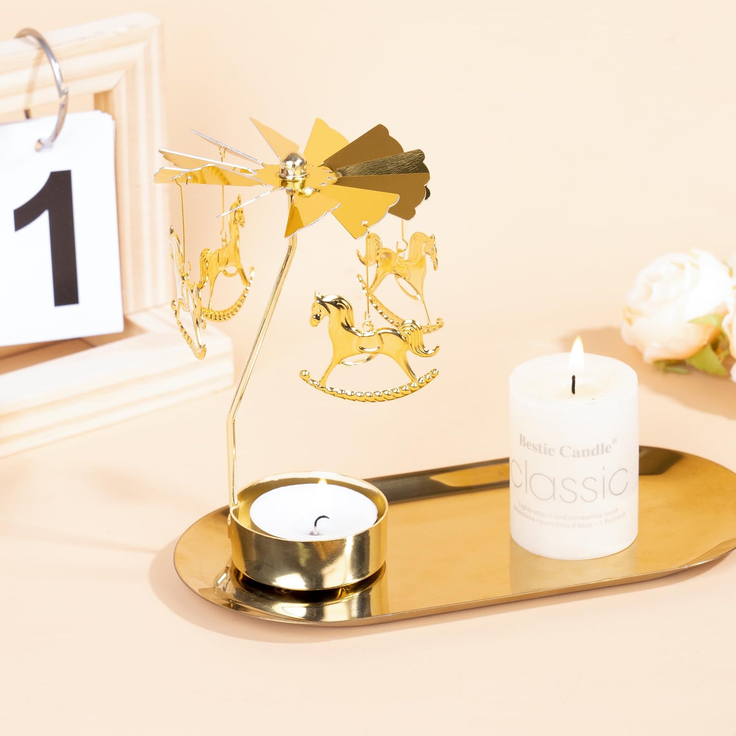 Toptime Spinning Candle Holder, Gold Tea Lights Candle Holder Carousel Candle Spinner, Rotating Metal Candle Holders for Table Centerpiece Carousel Tealight Holder for Christmas Festival Home Decor