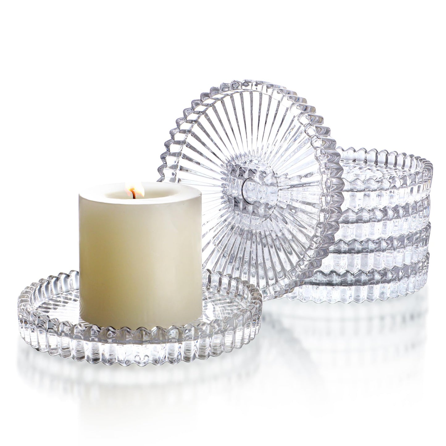 kanpura Clear Glass Pillar Candle Holder Plates Set of 6, 4 Inch Round Glass Candle Tray Plates for Dining Wedding Christmas Party Table Centerpiece