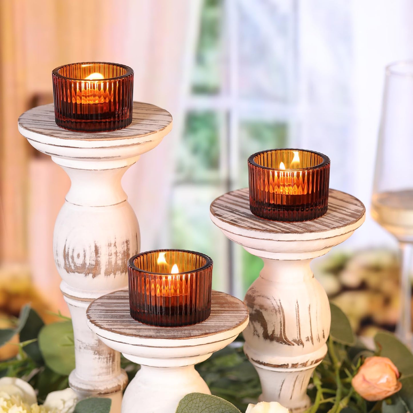Lanttu Tealight Candle Holder Set of 12, Amber Small Votive Candle Holders for Table Centerpiece,Glass Tea Light Candles Holder for Party&Home,Wedding Decor