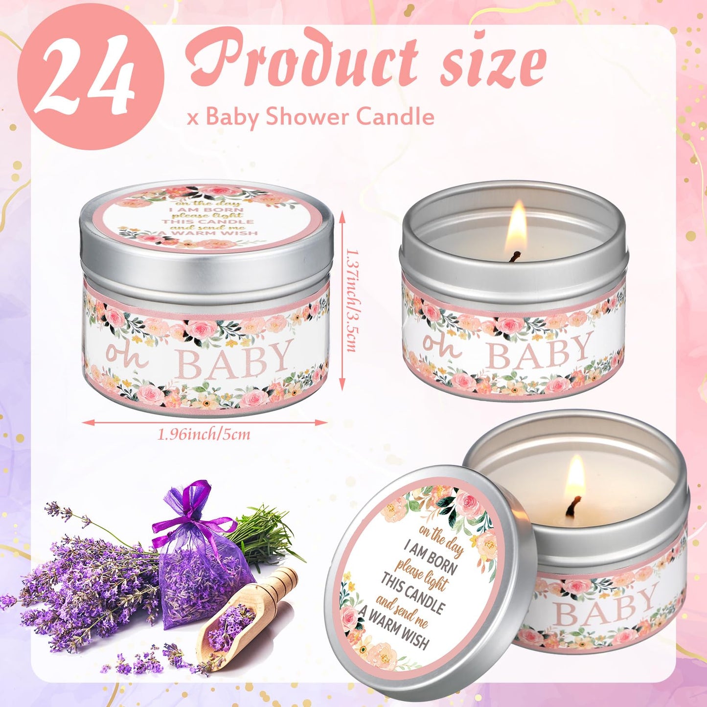 MTLEE 24 Pcs Flowers Baby Shower Party Favors Candles Lavender Scented Baby Shower Favors for Guests Rustic Tealights Candles Gender Reveal Return Gifts (1.2 oz, Pink)