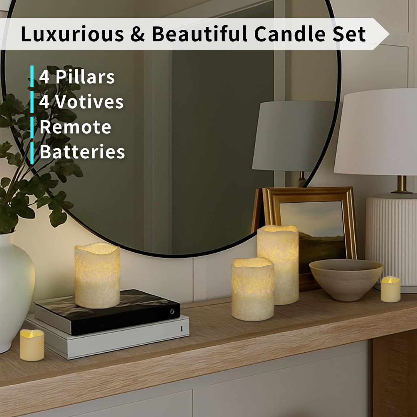 FURORA LIGHTING Ivory Crystallized Flameless Candles - Real Wax, Adjustable Brightness, Remote & Timer - 4 Pillars (3x4, 3x6) and 4 Votives, 8-Pack, Battery Operated