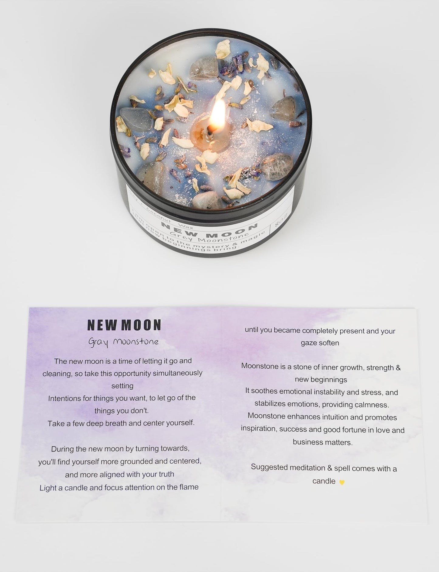 NEW Moon Handmade Candle, New Beginnings, Ritual Energy Gift, Intention De-Stress Good Fortune, Success Protection, Meditation, Moonstone, Soy Wax (8oz)