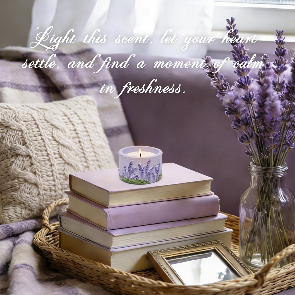 ZAWUU Lavender Scented Candle - 3D Floral Relief Decorative Soy Wax Candle with Built-in Iron Pad for Tabletop Heat Protection - Smokeless Aromatherapy for Stress Relief - Purple Home Office Decor