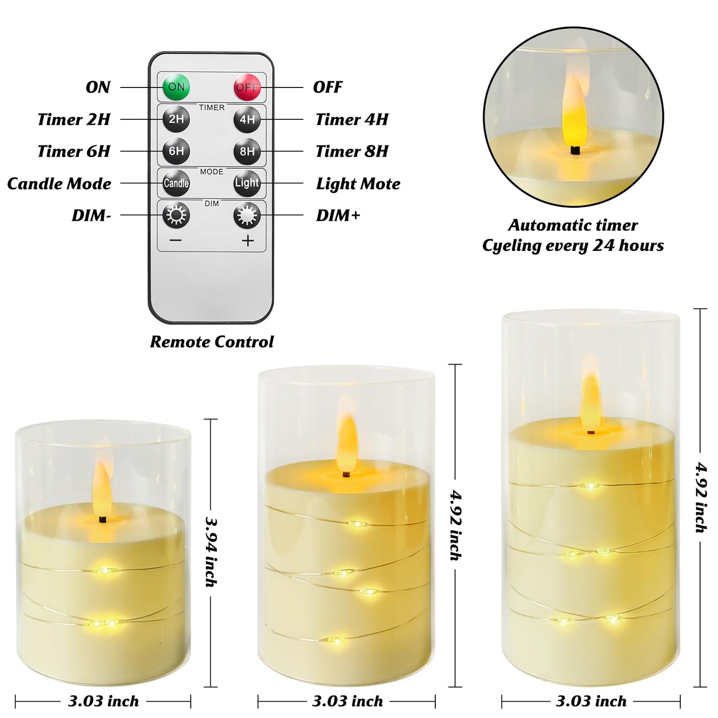Homwamee Flickering Flameless Candles with Remote Timer- LED Candles Set of 3(4”/5”/6”), Battery Powered Candle in Glass Safe for Home/Wedding/Party/Table