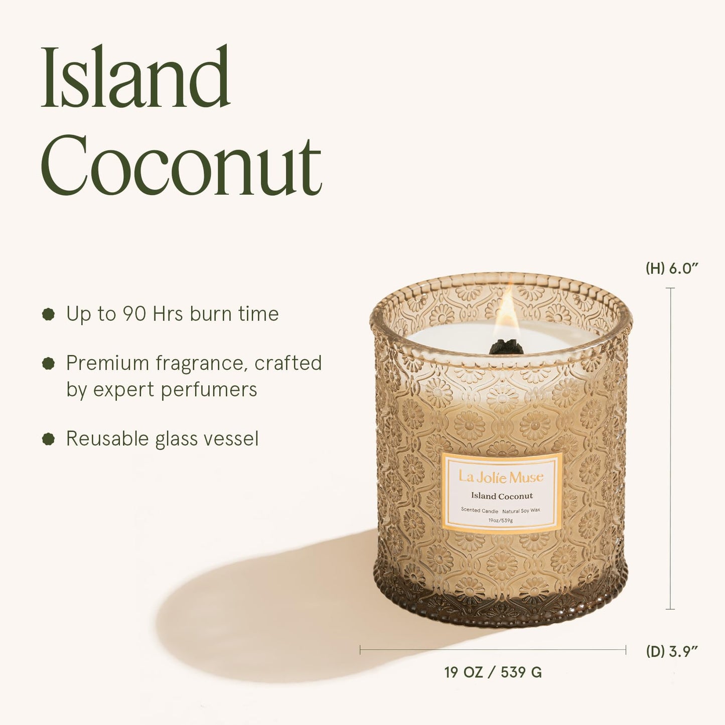 LA JOLIE MUSE Island Coconut Vanilla Scented Candle for Home | 19 oz Non Toxic Natural Soy | Large Jar Candle | Luxury Gifts for Women & Men | Wood Wick