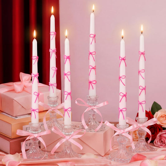 Conelist 12 Set Pink Bow Taper Candles Coquette Birthday Decoration Candles White Candlesticks with Wax Stick for Bridal Shower Wedding Dinner Decorations for Birthday Anniversary Party