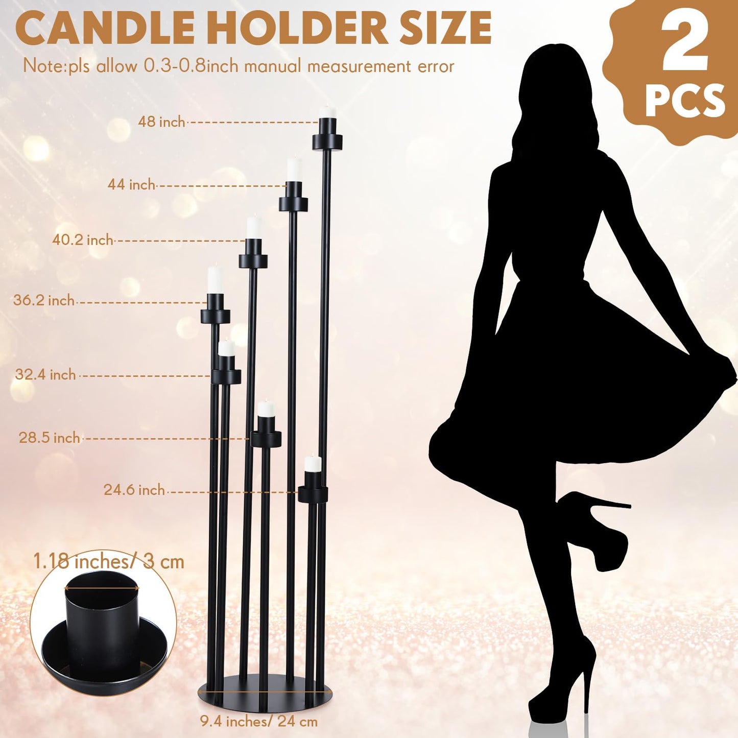 Tiangrid 2 Pcs Acrylic Candelabra Centerpieces 48 Clear Candle Holder 7 Arm Black Pillar Taper Candlesticks with Acrylic Shade Circular Base for Wedding Party Table Decoration Fit 1.18 LED Candle