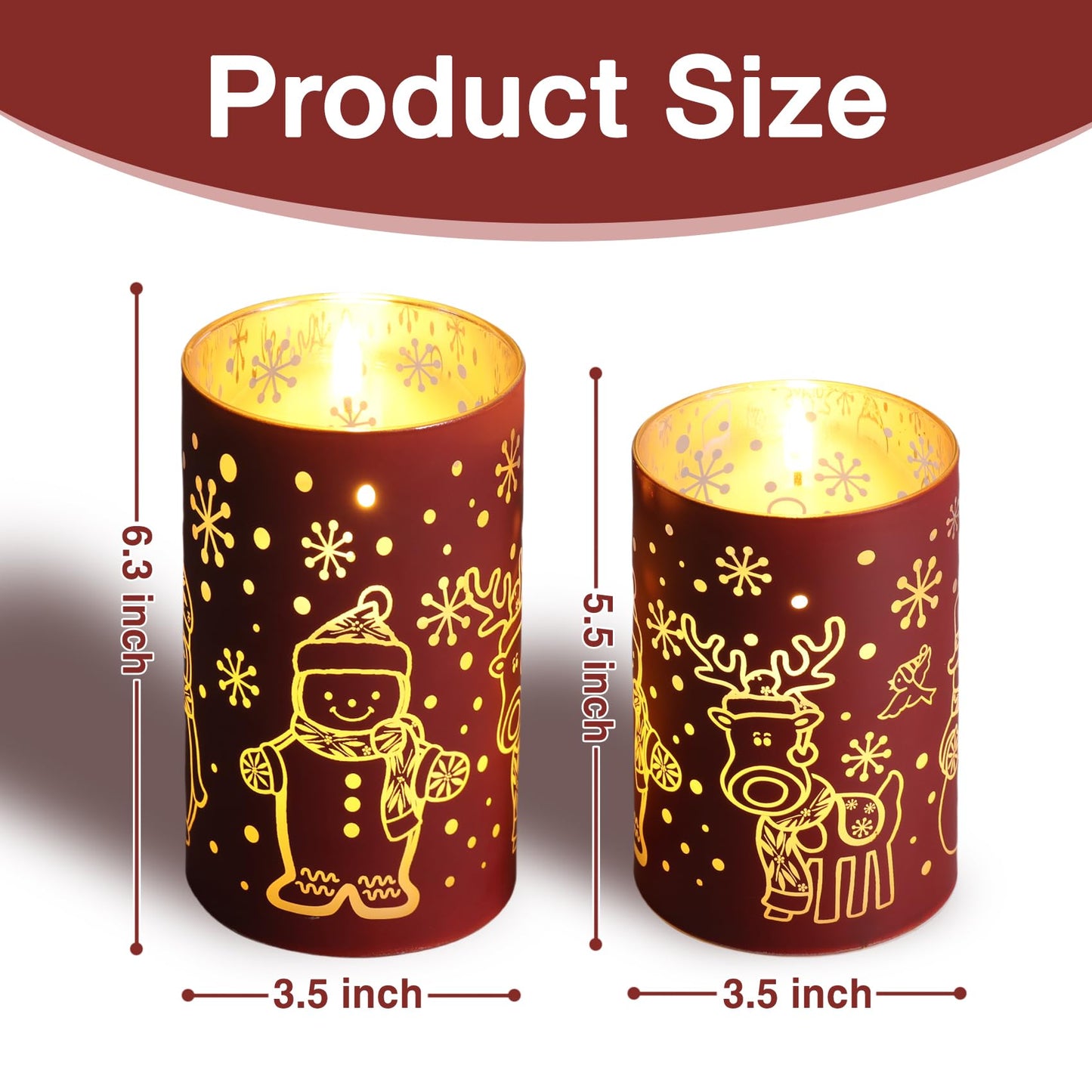Eywamage Red Glass Flameless Pillar Candles with Remote, Flickering Snowman Deer LED Battery Candles Set of 2