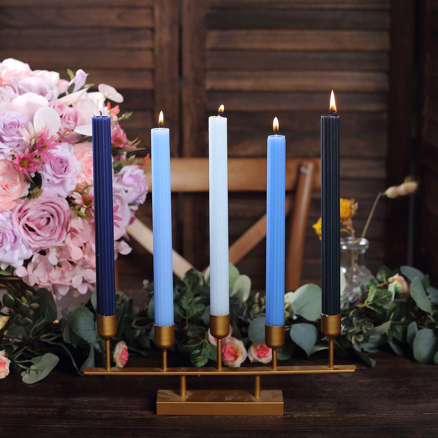 Tableclothsfactory 5 Pack | 9" Assorted Blue Premium Unscented Ribbed Wick Taper Candles, Tall Ribbon Wax Dinner Candles