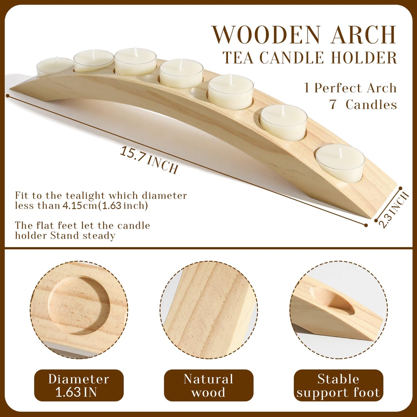 Wooden Tea Light Candle Holder Bar, Bridge Candle Holder Tray - 7 Holes - Natural Wood Color