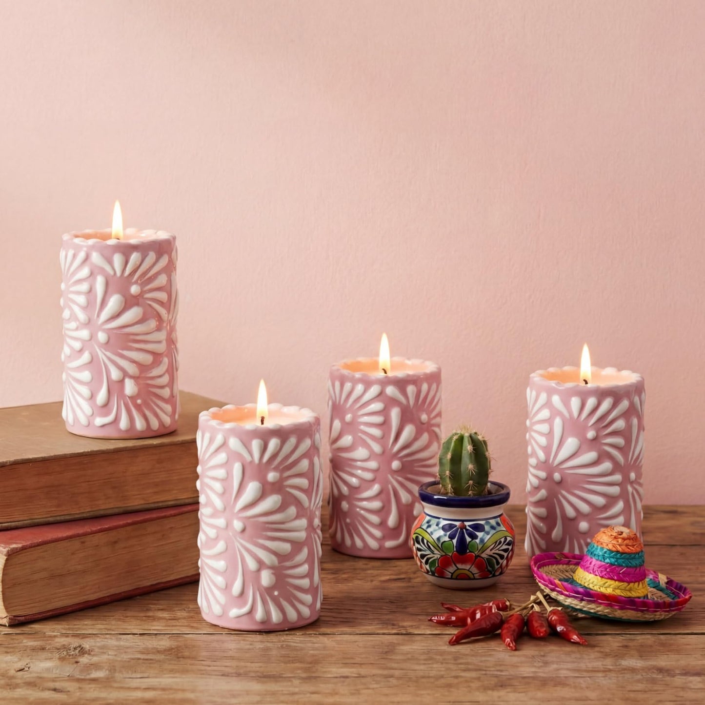 Lounsweer 4 Set Cielito Lindo Party Decorations Mexican Tequila Candle Talavera Mugs Candle for Fiesta Cinco De Mayo Birthday Bridal Shower Bachelorette May 5th Party Home Decor(Pink)