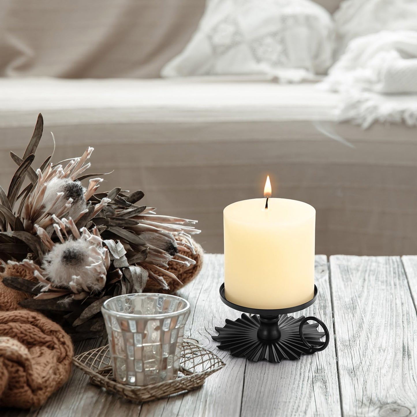 CoColemon Black Iron Pillar Candle Holders Set of 2, Pedestal Candles, 3.15 inches Pillar Candle Holder Plate (Black)