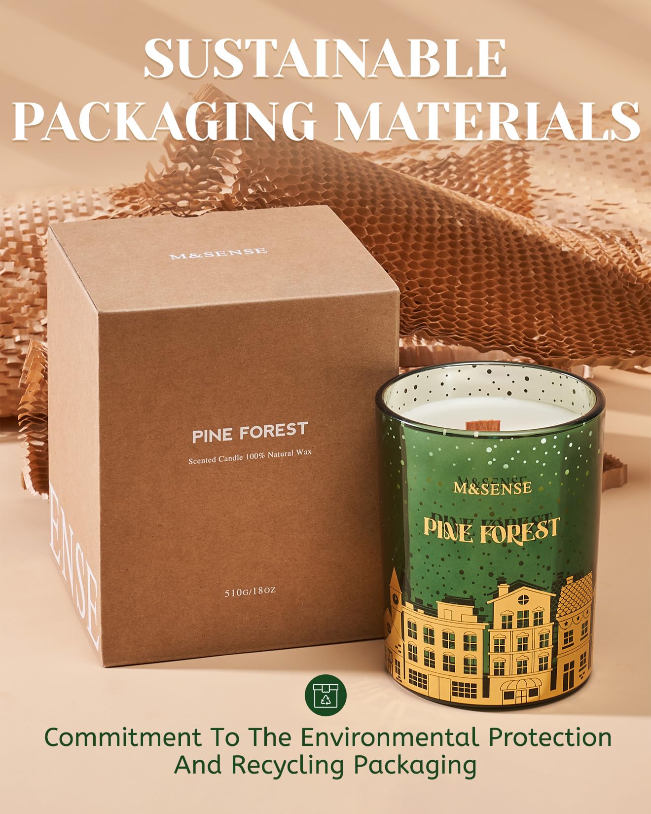 M&SENSE Pine Forest Christmas Candles, Large Winter Scented Soy Candles, Crackling Wooden Wick 18oz 100 Hours Long Lasting Clean Burn, Luxury Holiday Gifts for Relaxation, Stress Relief