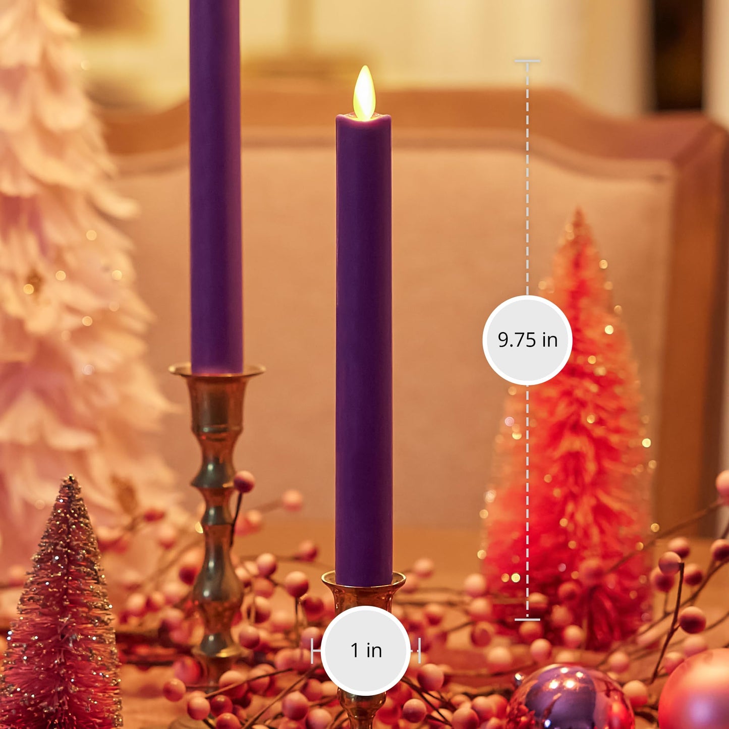 Luminara - Flameless Battery Operated Taper Candle - Purple - Pack of 2-1x9.75 - LED Flickering Flame - Realistic Safe for Home Kids and Pets