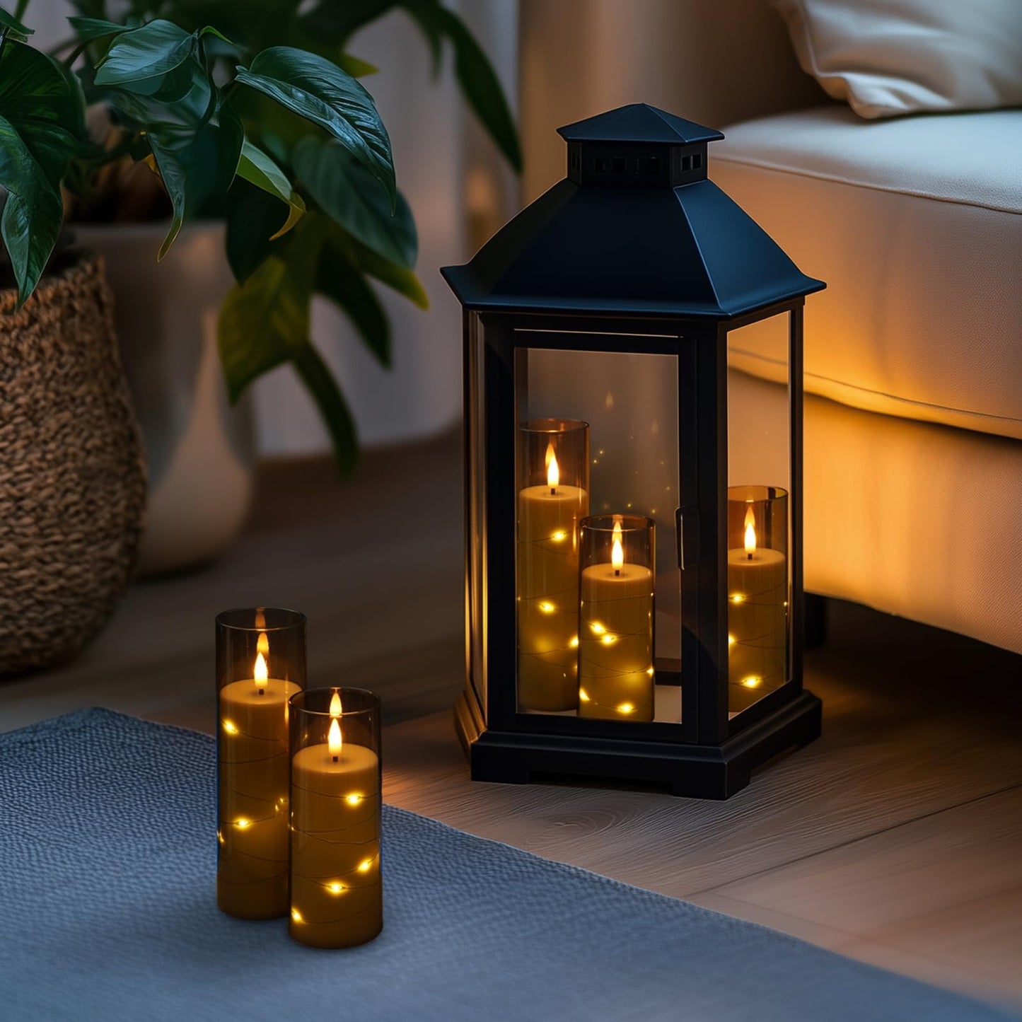 Homemory Flameless Candles with Star String Fairy Lights, Battery Operated Candles, LED Candle, Fake Candles with Remote Control and Timer, Modern Home Decor, Grey, Set of 5