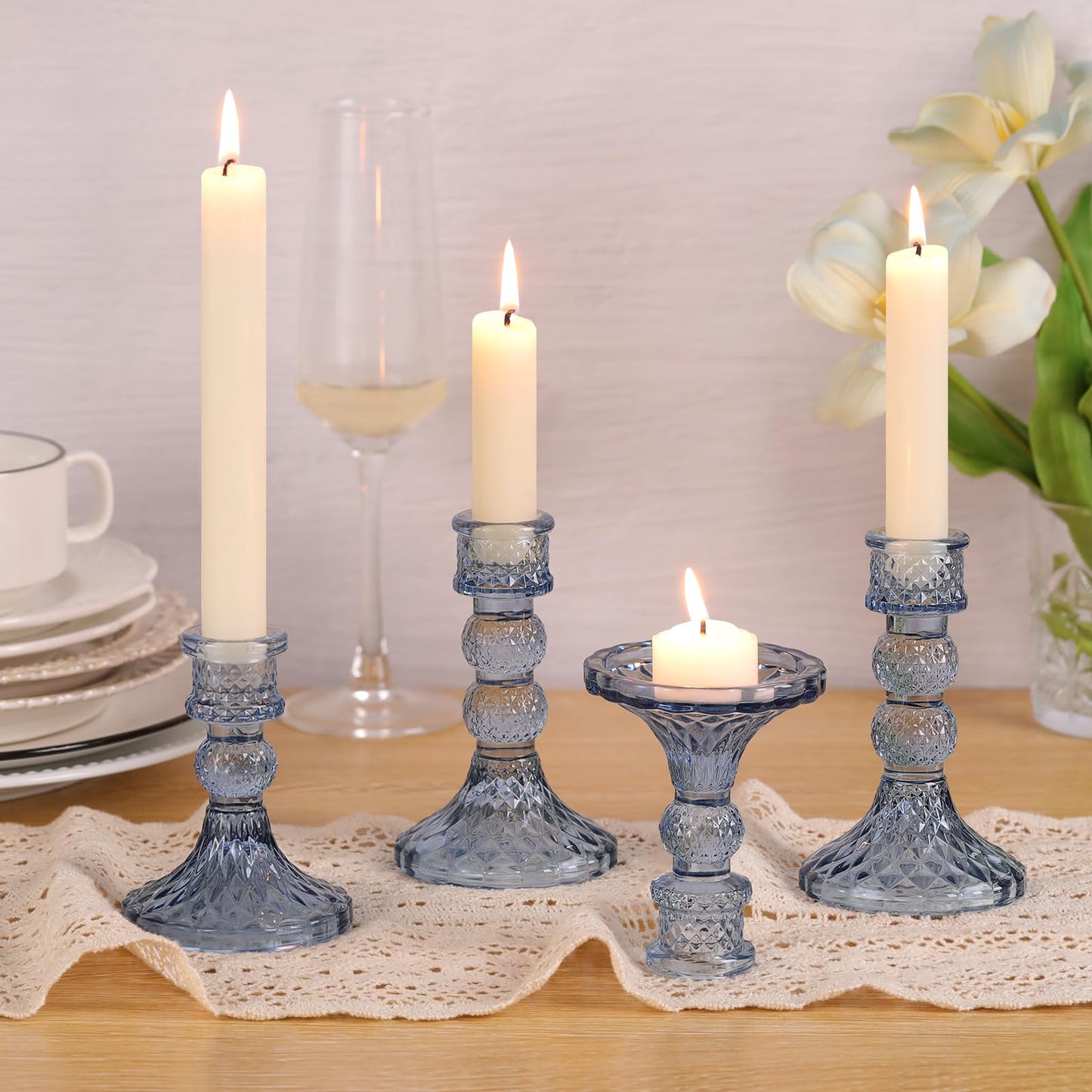 DARJEN Blue Glass Candlestick Holders Set of 6, 4" H & 5" H Taper Candle Holders for Candlesticks & Pillar Candles, Diamond Candle Holders for Wedding Party Table Centerpiece, Home Decor