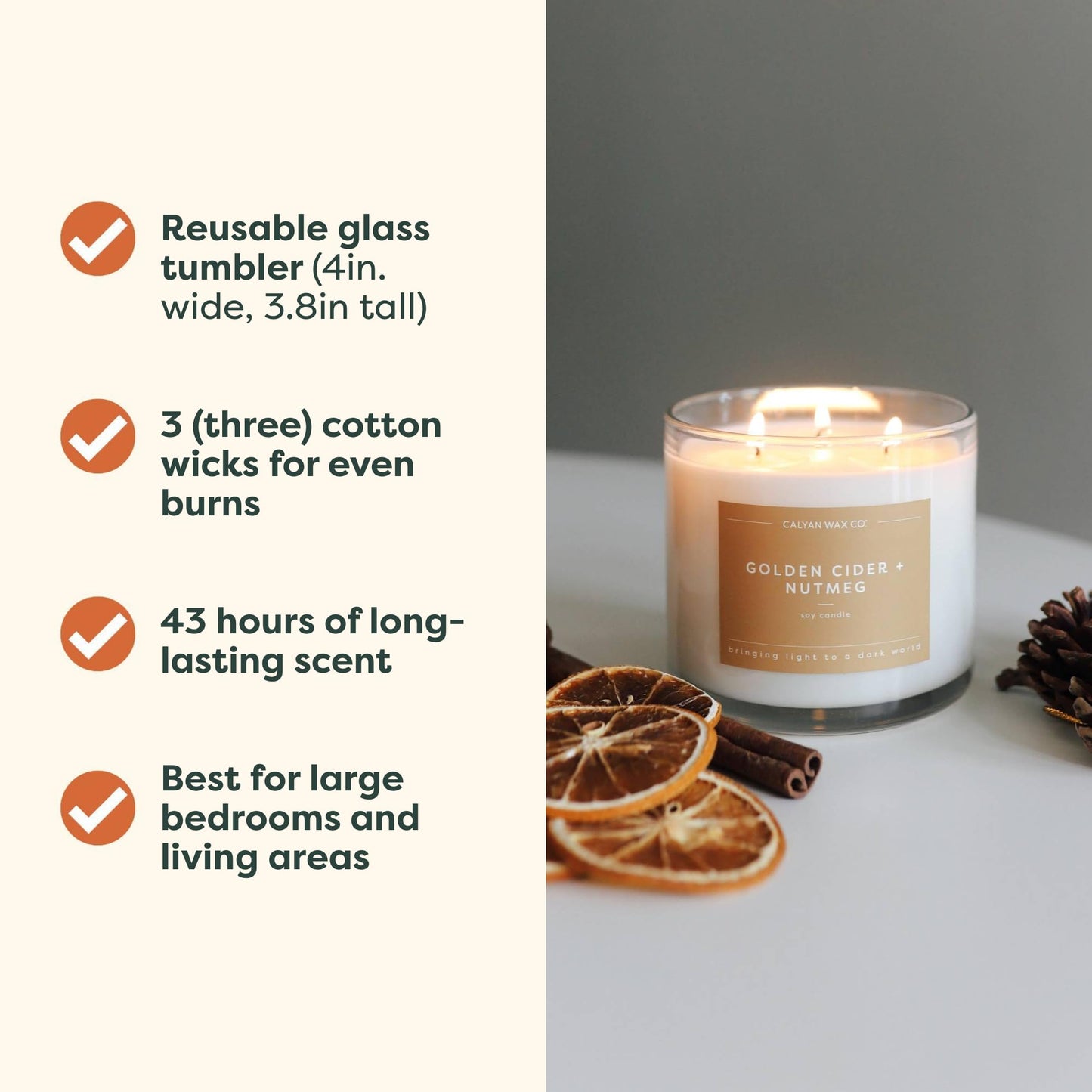 Calyan Wax Co. Golden Cider & Nutmeg 3 Wick Scented Candle - 43 Hour Burn - Luxury 3 Wick Soy Candles - Clean Soy Wax Candles - Long Lasting Large Glass Jar Candle for Home - 14.9oz
