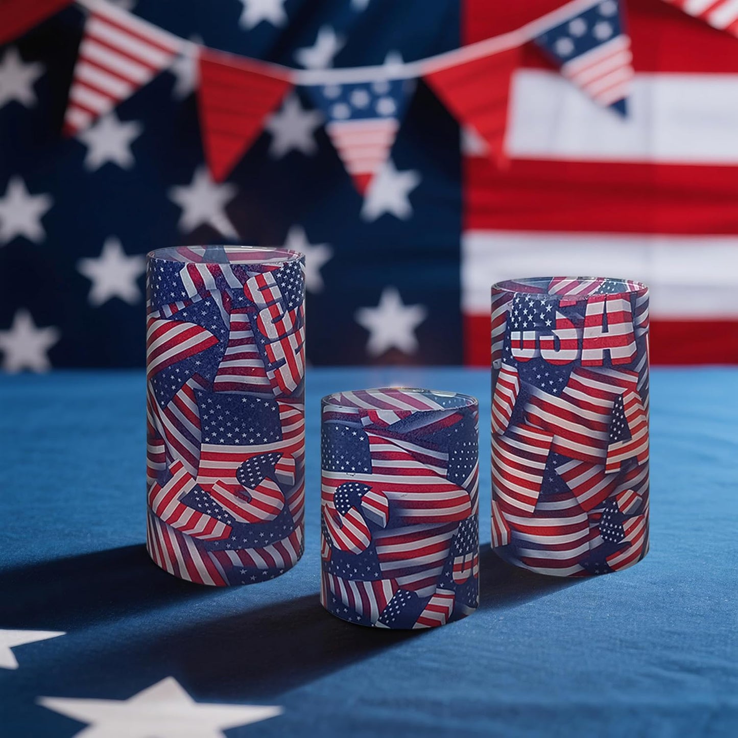 NJAO HOO Patriotic American Flag Flameless LED Battery Operated Pillar Candles with Remote Control and Timer, 4th of July Candles for Home Decor Set of 3
