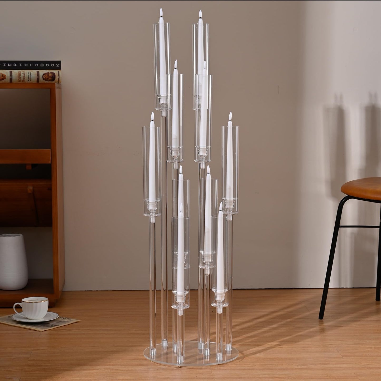 10Pcs Acrylic Candelabra Centerpiece,10 Arm Floor Candelabras for Wedding Clear Candle Centerpieces with Acrylic Shade Pillar Taper Candlestick for Tables Dinner Party