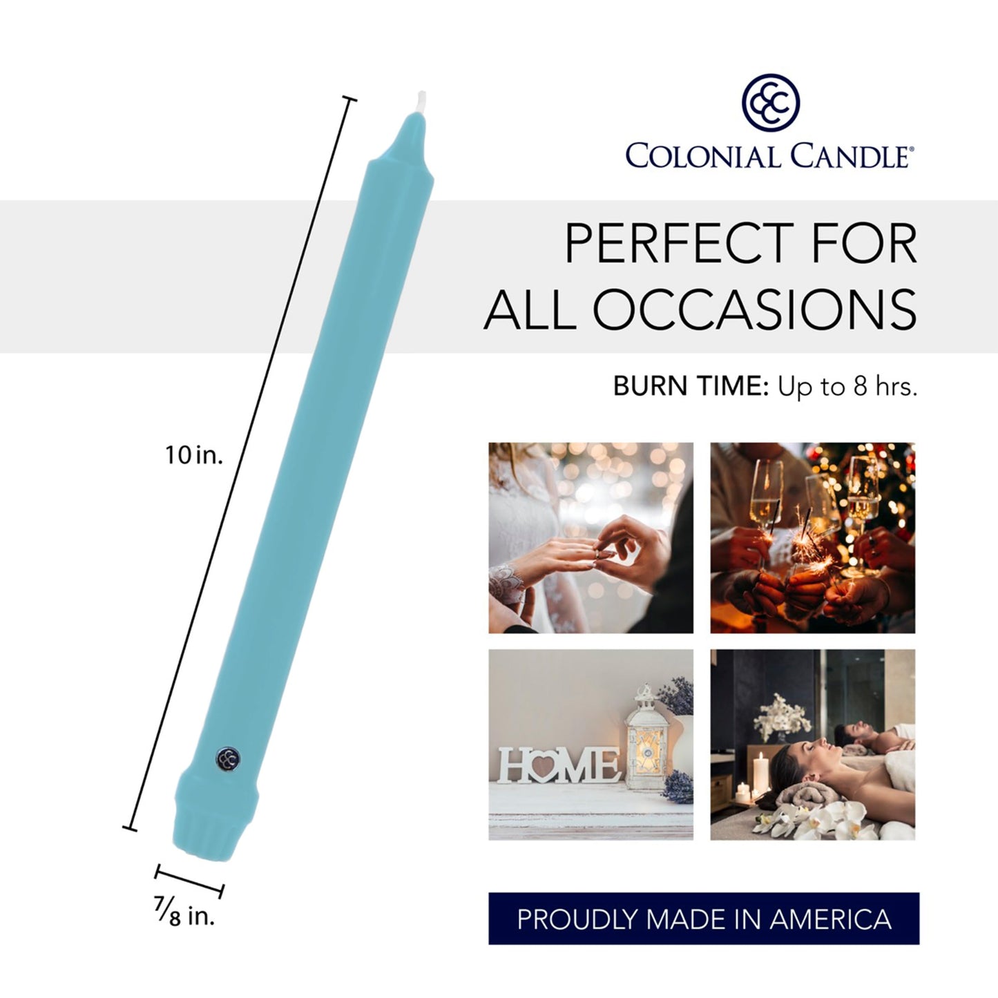 Colonial Candle Unscented Taper Candle, Classic Collection, Coastal Blue, 10 in, Pack of 12 - Up to 8 Hours Burn