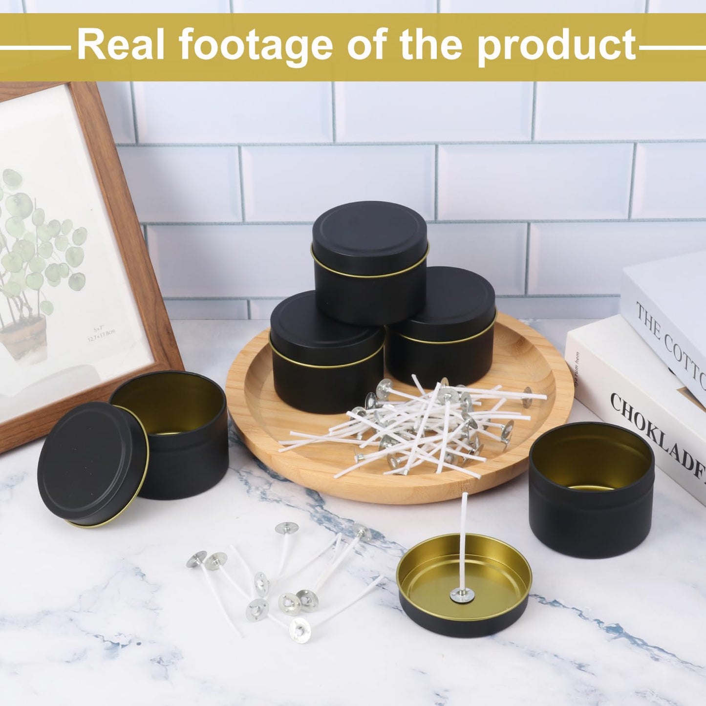 Biugaaufai 48 Pack 4 oz Black Metal Candle Tins with Lids and Wicks, Round Bulk Metal Candle Making Jar, Round 4 oz Candle Tins for DIY Candle Making and Storage