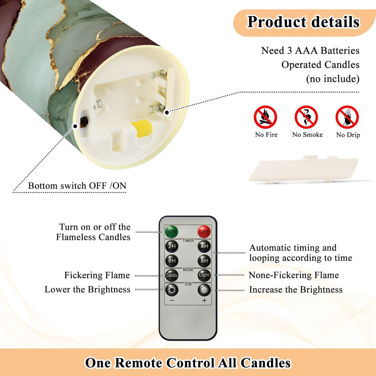 famyily Indoor Flameless Candles with Timer 2/4/6/8H Timer Flameless Candles for Office Reception Desk 5.9x3in - Marble Sage Green Burgundy