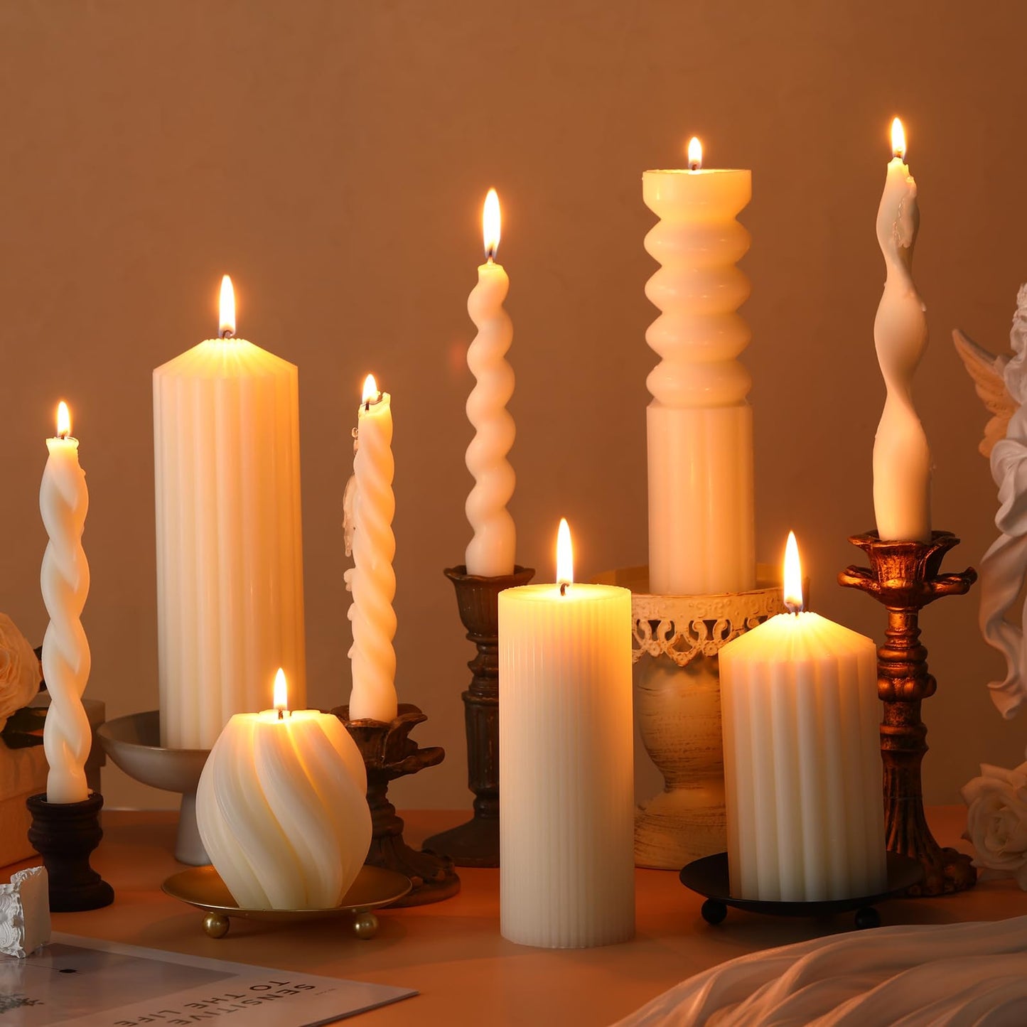 Nuanchu 9 Pcs Modern Decorative Candles Set 5 Pillar Aesthetic Ribbed Candles 4 Spiral Taper Twisted Candlesticks Scented Smokeless Soy Wax for Wedding Holiday Dinner Home Decorations(White)