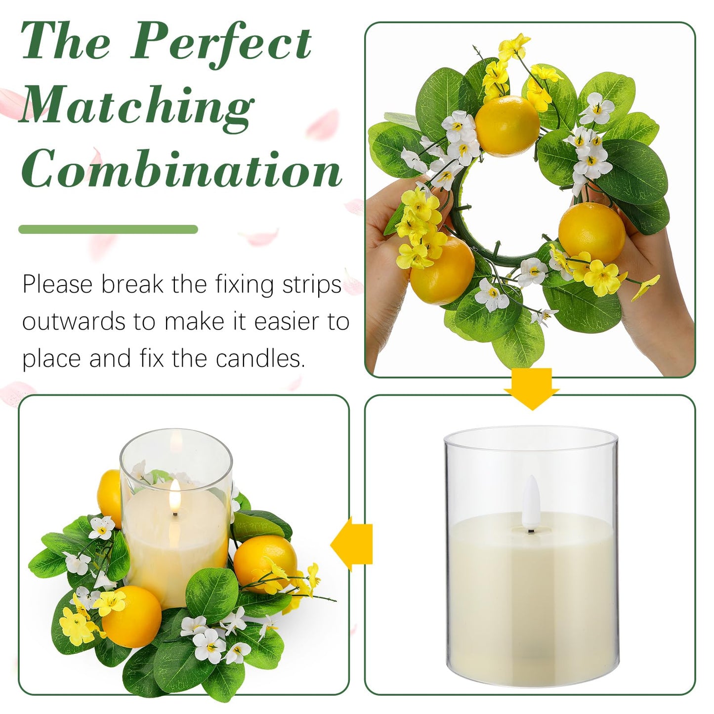 Yunlly 4 Pcs Artificial Lemon Candle Rings Wreaths Decorative Greenery Candle Holder with Yellow Lemons and White Flowers with LED Flameless Candles for Farmhouse Summer Wedding Home Table Centerpiece