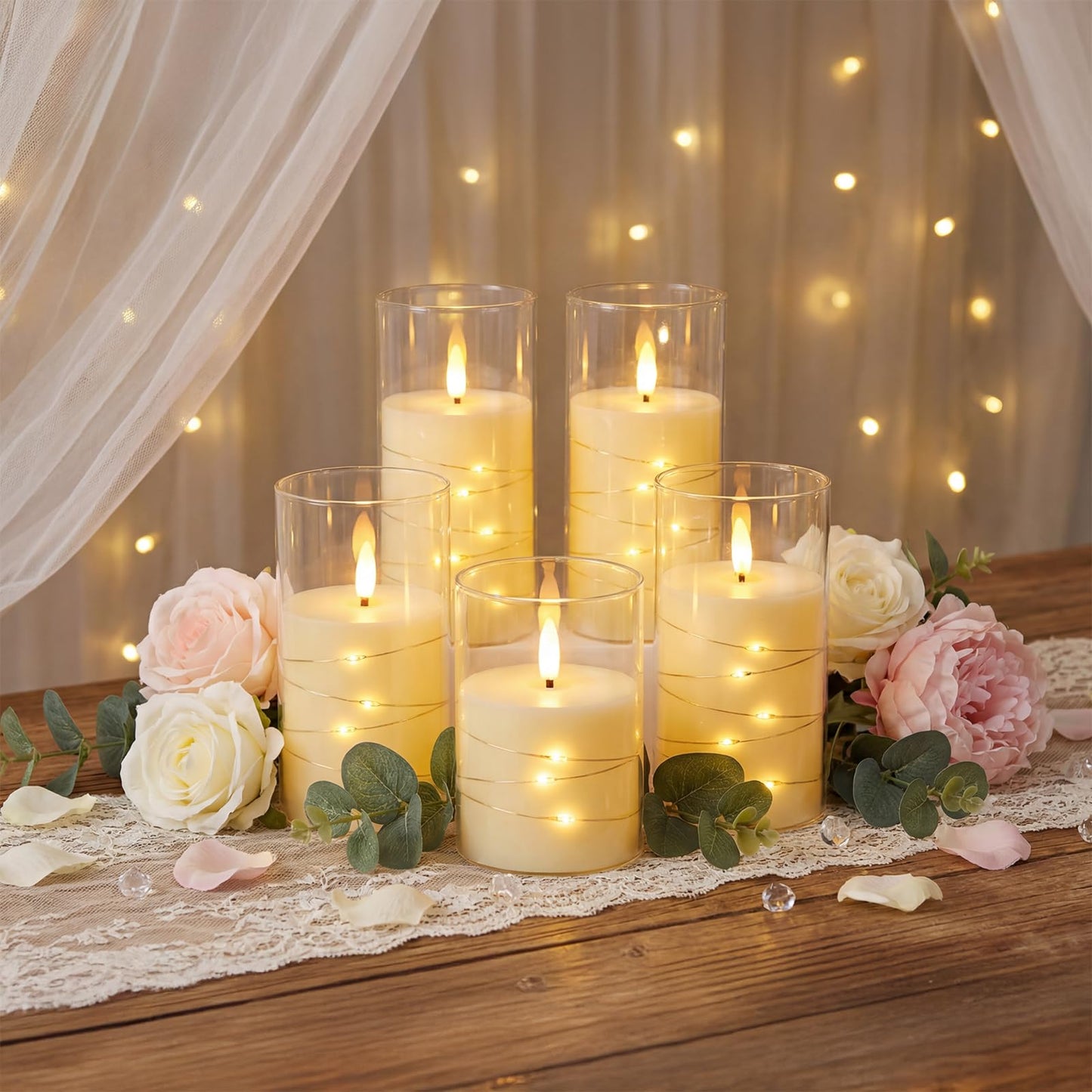 Staerysky Flameless LED Candles, Flickering Candles with Remote Control & Timer Embedded Fairy String, Battery Operated Pillar Candles, 5pc for Valentine's Day,Holiday,Home Decor,Wedding