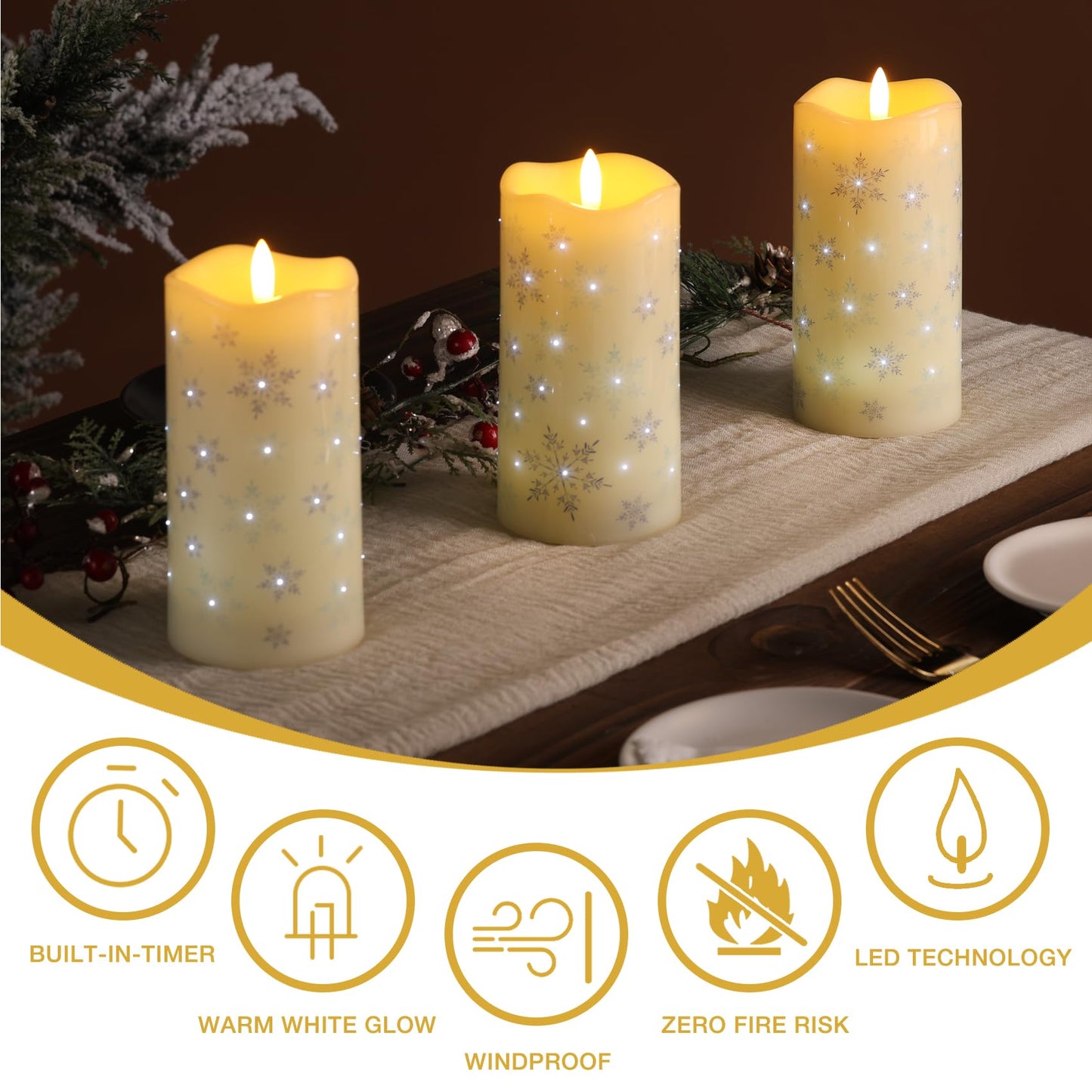 Eywamage Christmas Flameless Pillar Candles with Remote, Snowflakes Fiber Optic LED Candles Battery Operated Set of 3